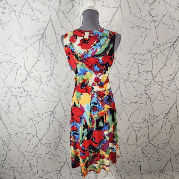 Tristan Colorful Watercolor Floral Stretch Knit Faux Wrap Midi Dress - Picture 4 of 5